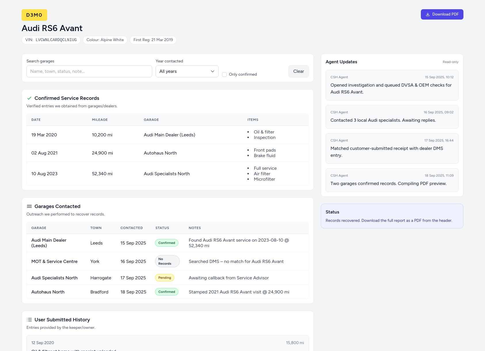 Demo Audi service history report from CarServiceHistory.co.uk showing verified service entries, MOT mileage timeline, and garage outreach log