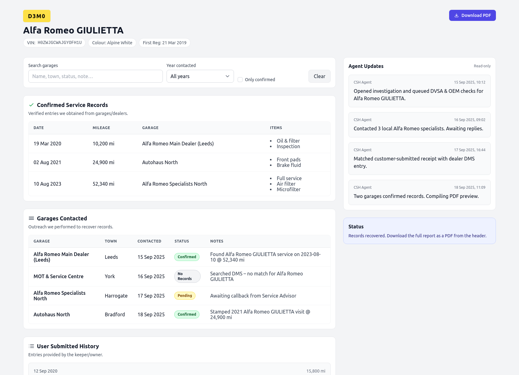 Demo Alfa Romeo service history report from CarServiceHistory.co.uk showing verified service entries, MOT mileage timeline, and garage outreach log