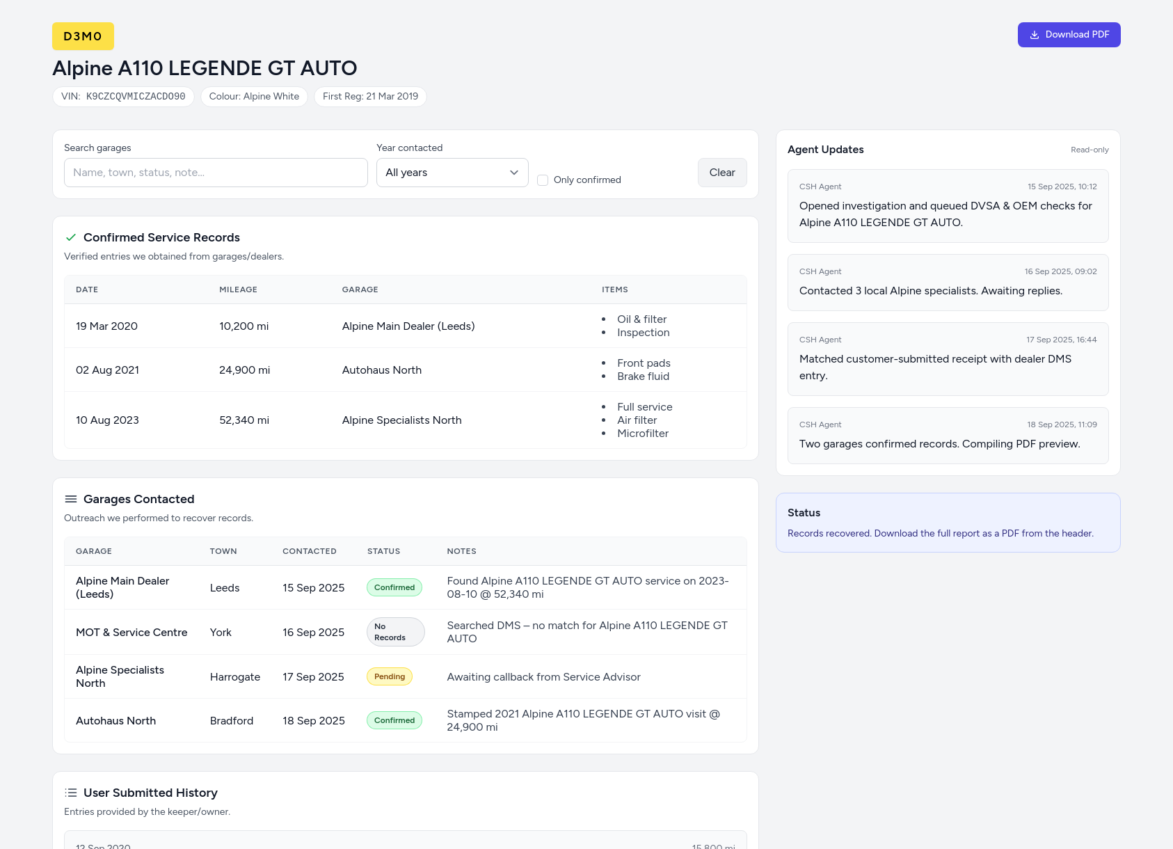 Demo Alpine service history report from CarServiceHistory.co.uk showing verified service entries, MOT mileage timeline, and garage outreach log