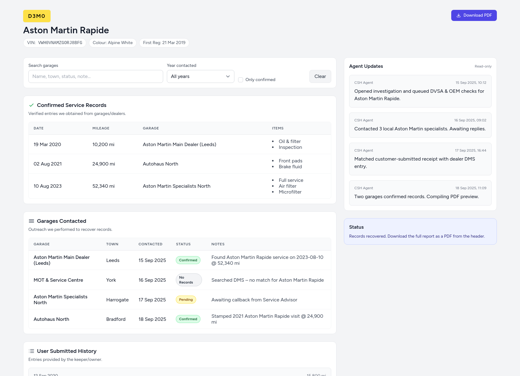Demo Aston Martin service history report from CarServiceHistory.co.uk showing verified service entries, MOT mileage timeline, and garage outreach log