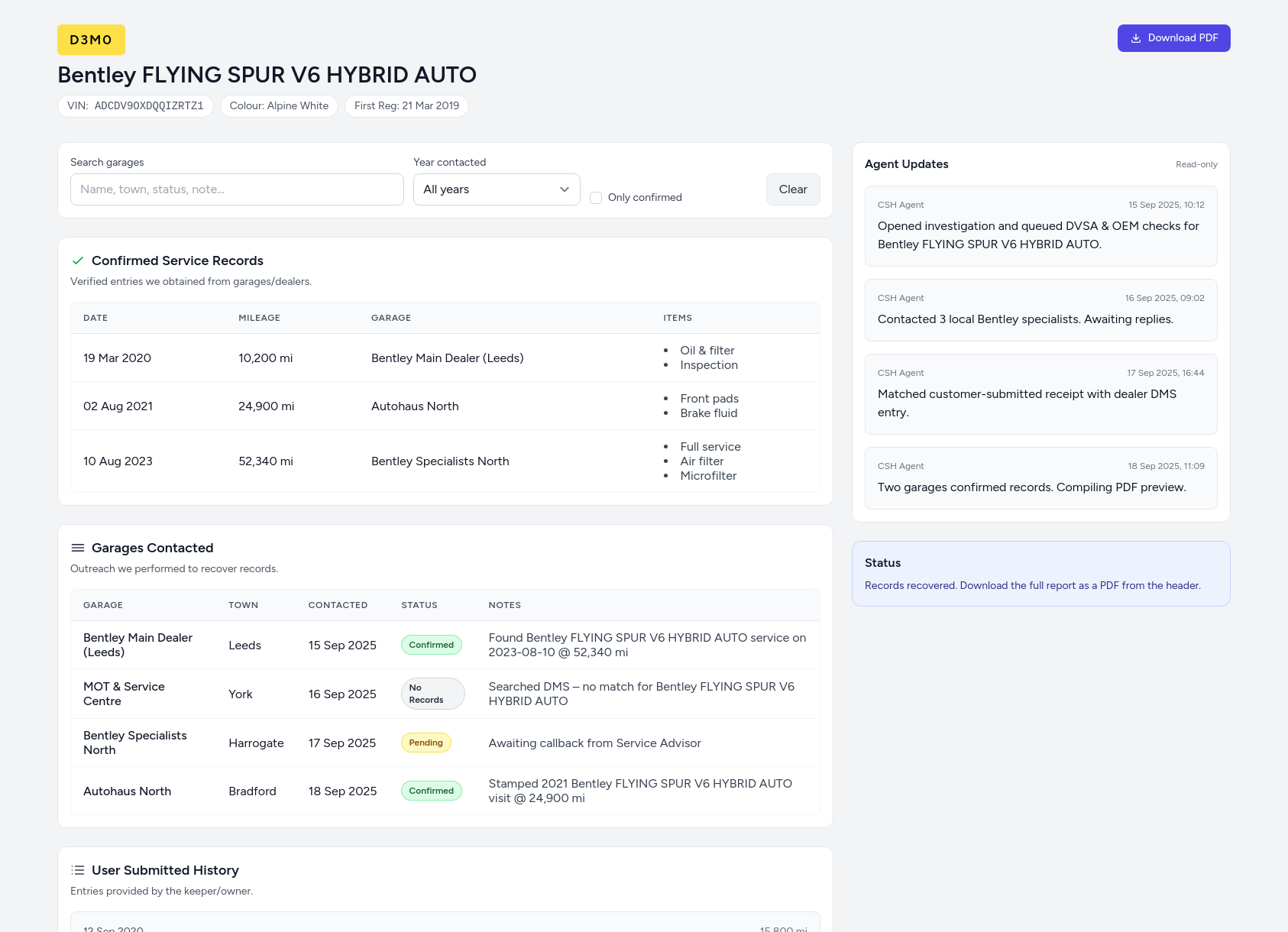Demo Bentley service history report from CarServiceHistory.co.uk showing verified service entries, MOT mileage timeline, and garage outreach log