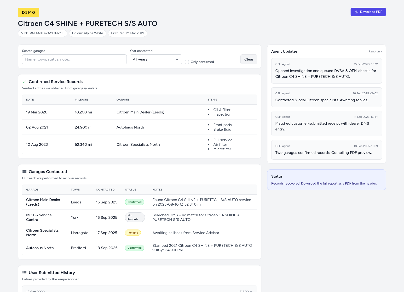 Demo Citroen service history report from CarServiceHistory.co.uk showing verified service entries, MOT mileage timeline, and garage outreach log
