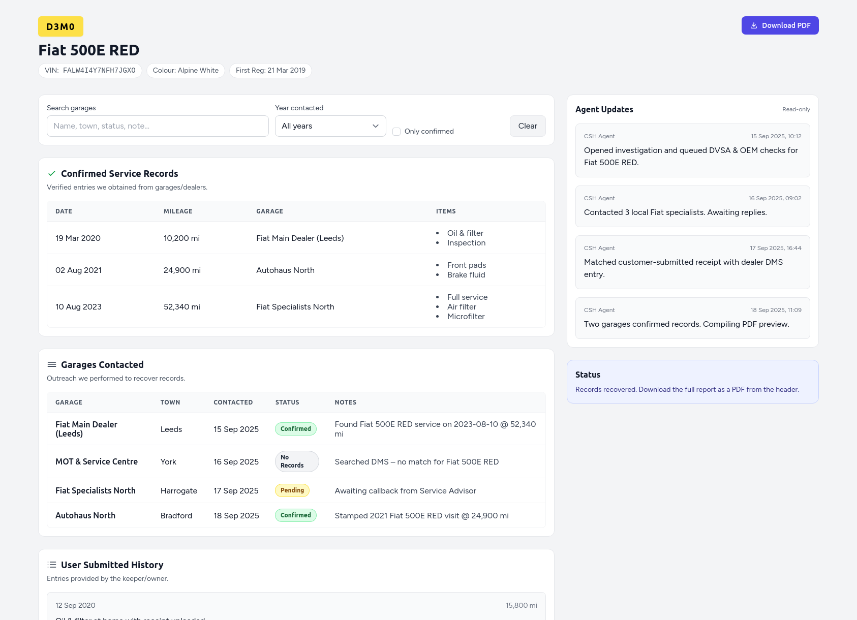 Demo Fiat service history report from CarServiceHistory.co.uk showing verified service entries, MOT mileage timeline, and garage outreach log