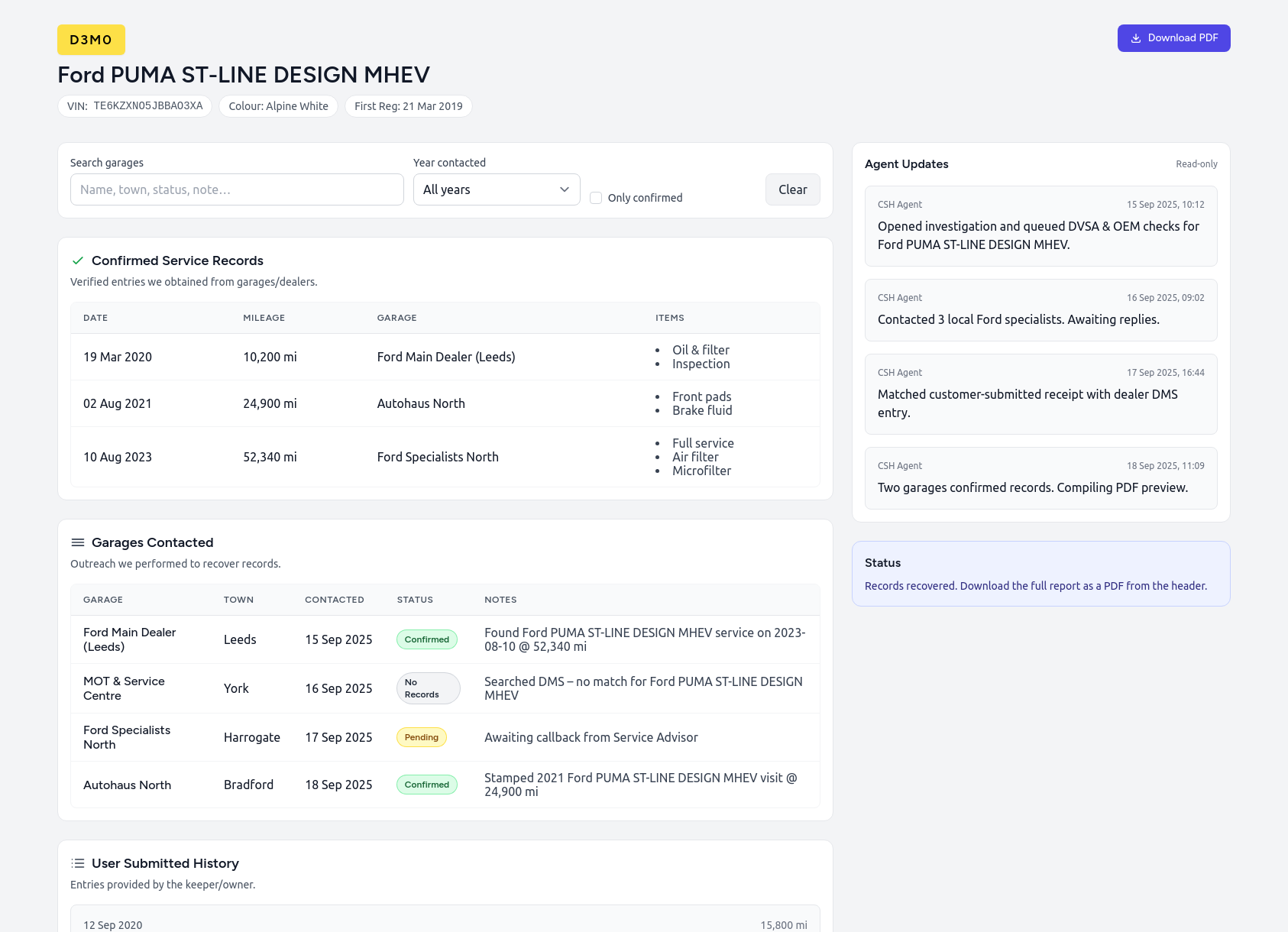 Demo Ford service history report from CarServiceHistory.co.uk showing verified service entries, MOT mileage timeline, and garage outreach log