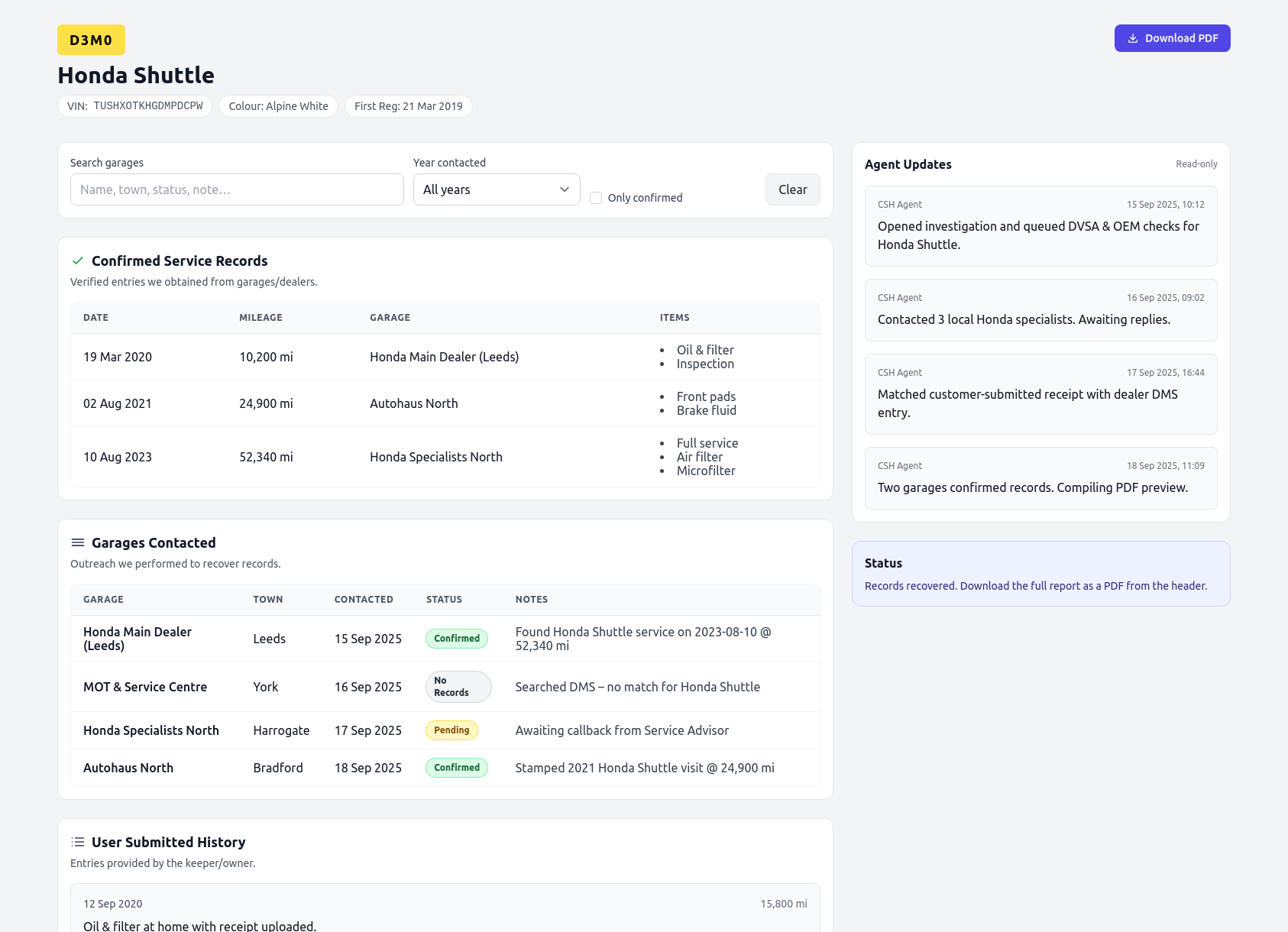 Demo Honda service history report from CarServiceHistory.co.uk showing verified service entries, MOT mileage timeline, and garage outreach log