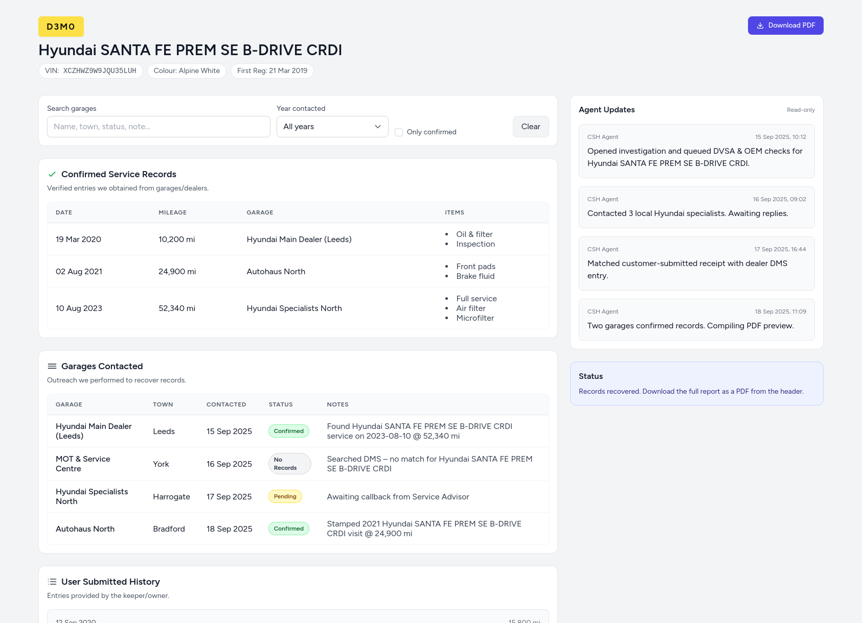 Demo Hyundai service history report from CarServiceHistory.co.uk showing verified service entries, MOT mileage timeline, and garage outreach log