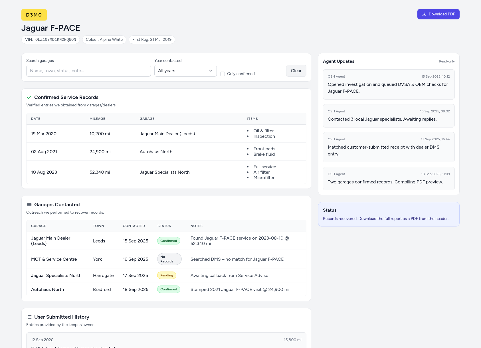 Demo Jaguar service history report from CarServiceHistory.co.uk showing verified service entries, MOT mileage timeline, and garage outreach log