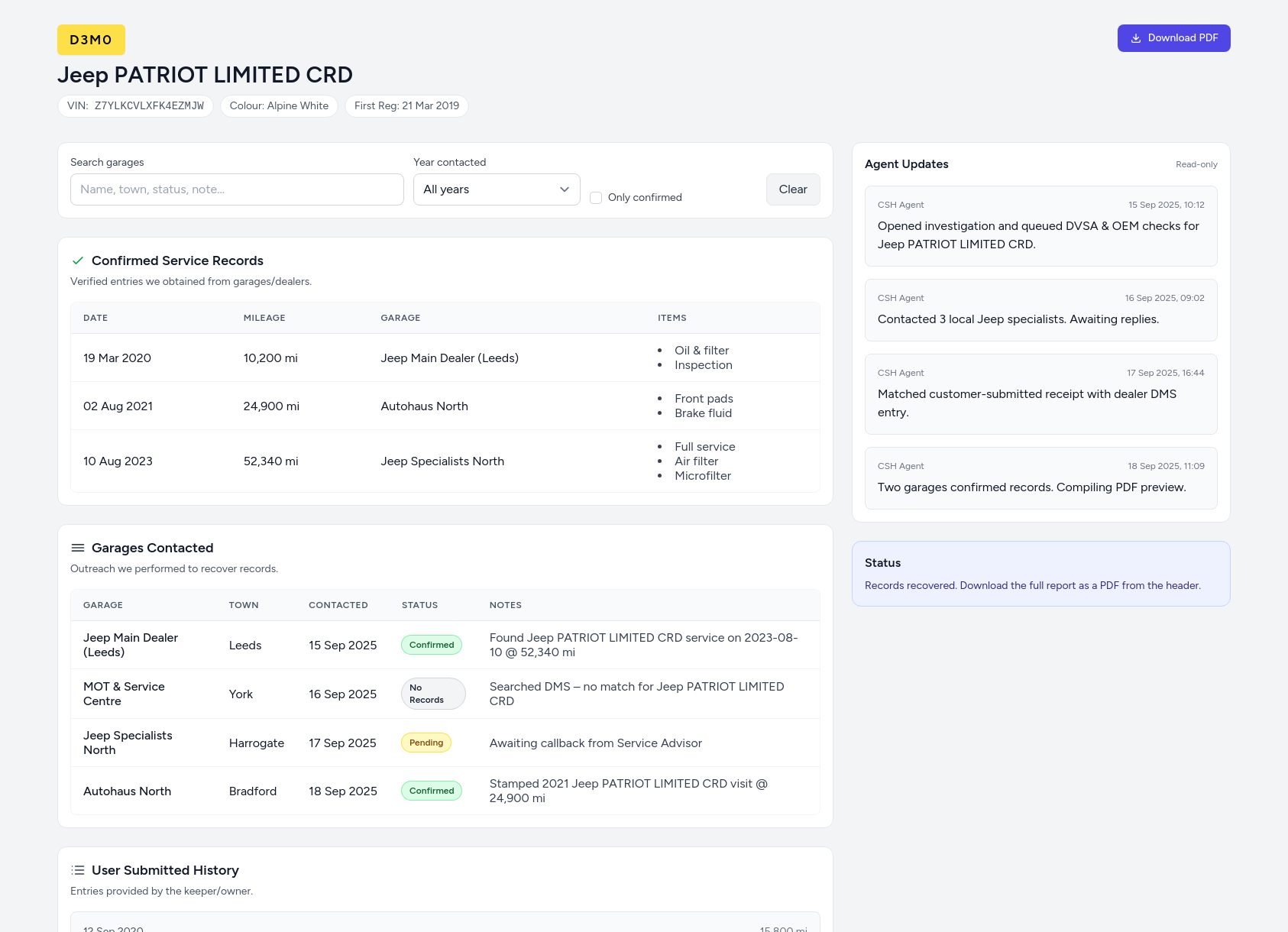Demo Jeep service history report from CarServiceHistory.co.uk showing verified service entries, MOT mileage timeline, and garage outreach log