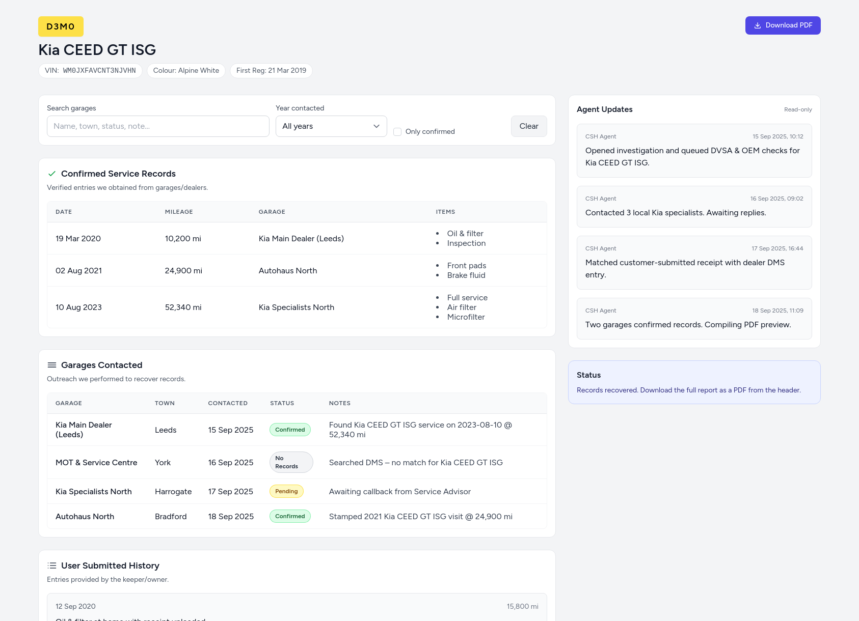 Demo Kia service history report from CarServiceHistory.co.uk showing verified service entries, MOT mileage timeline, and garage outreach log