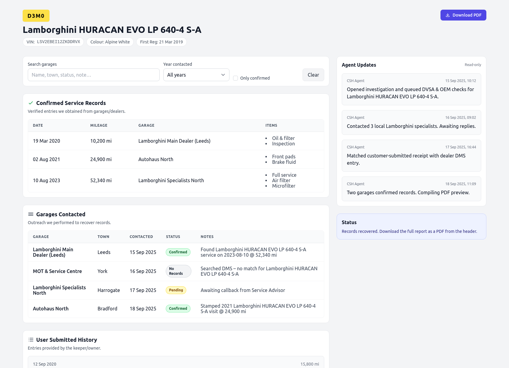 Demo Lamborghini service history report from CarServiceHistory.co.uk showing verified service entries, MOT mileage timeline, and garage outreach log
