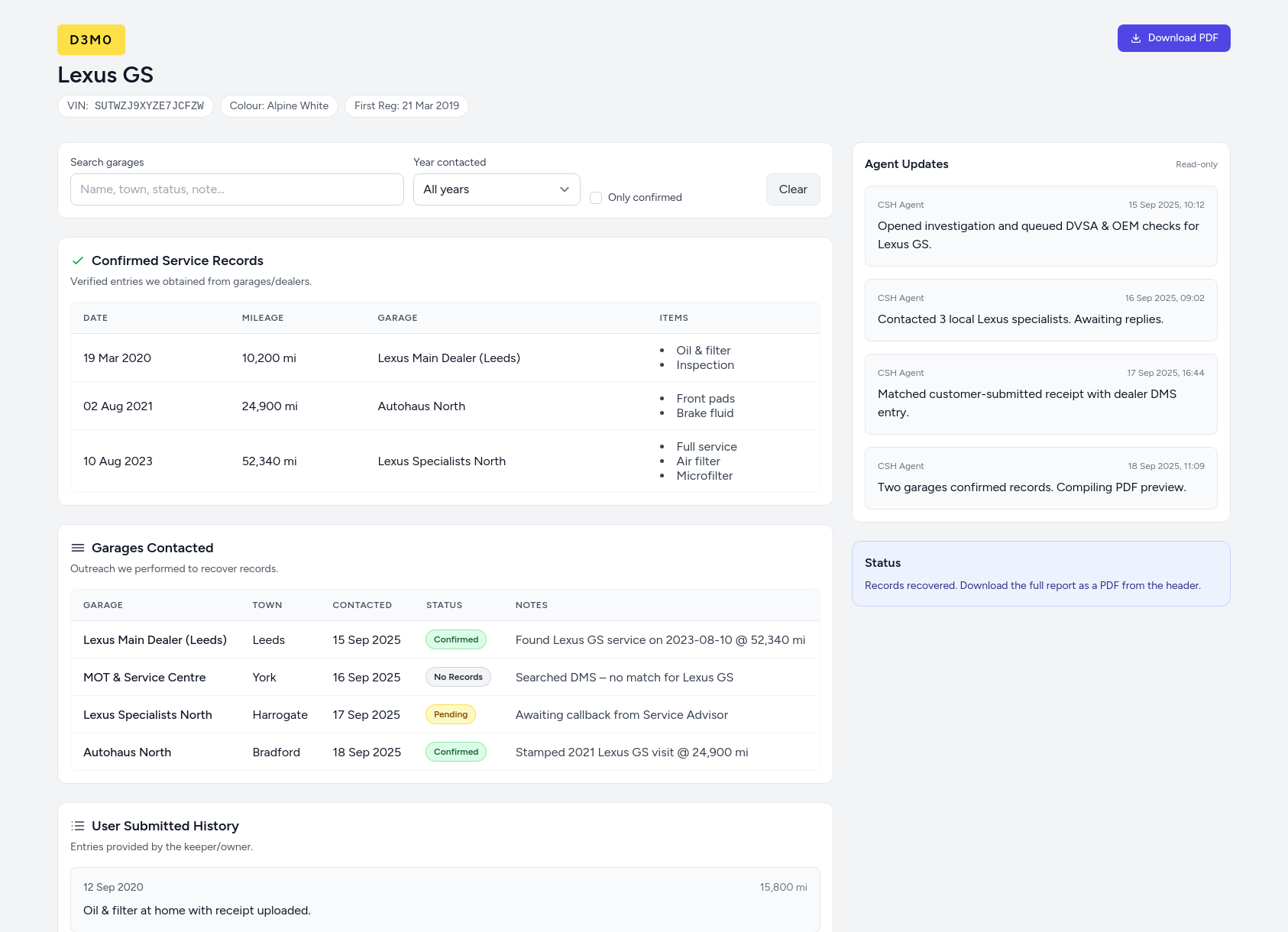 Demo Lexus service history report from CarServiceHistory.co.uk showing verified service entries, MOT mileage timeline, and garage outreach log