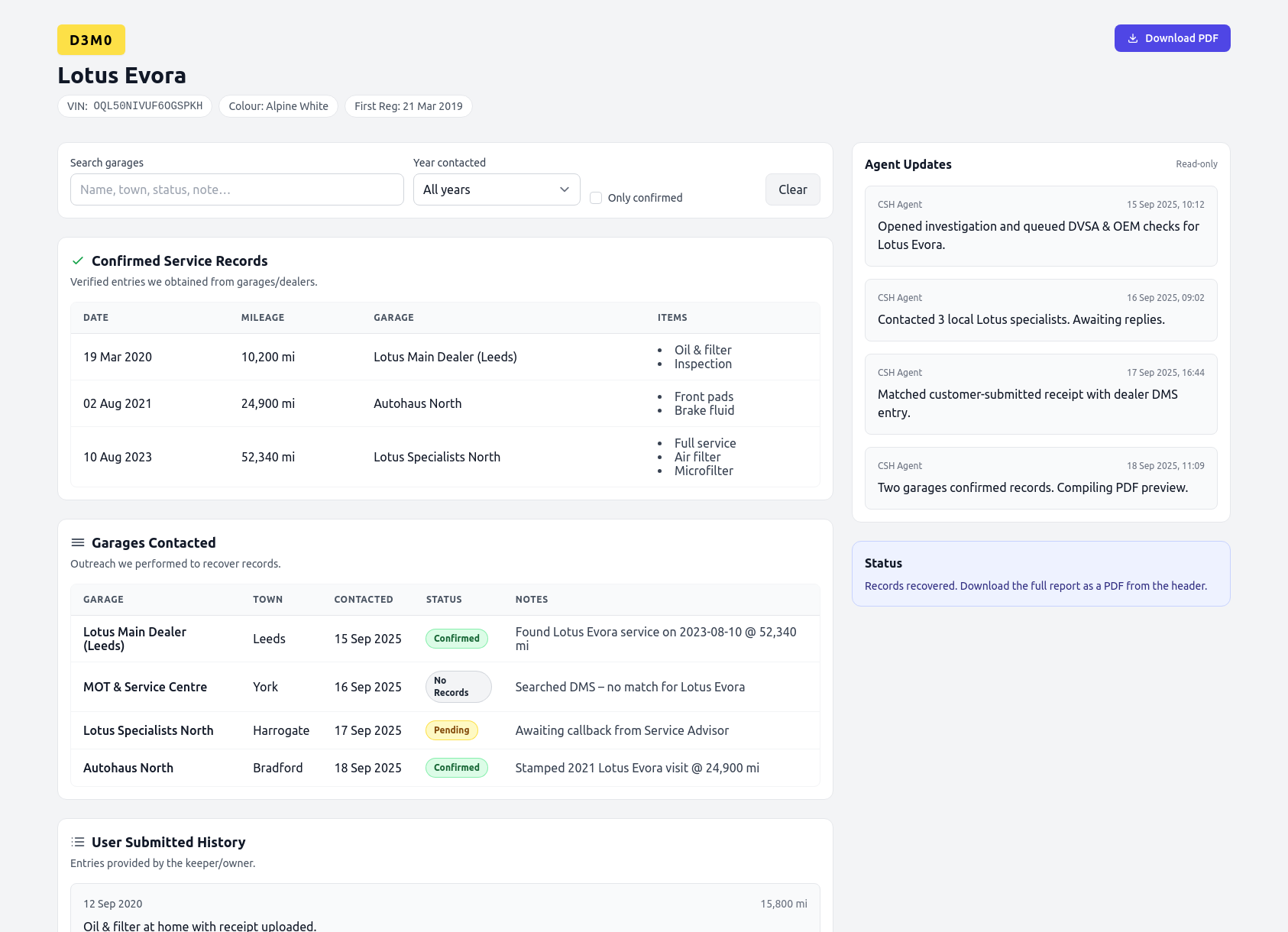 Demo Lotus service history report from CarServiceHistory.co.uk showing verified service entries, MOT mileage timeline, and garage outreach log