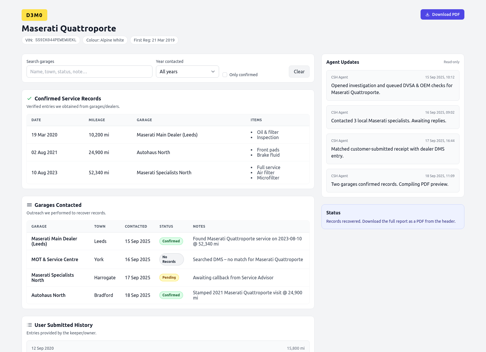 Demo Maserati service history report from CarServiceHistory.co.uk showing verified service entries, MOT mileage timeline, and garage outreach log