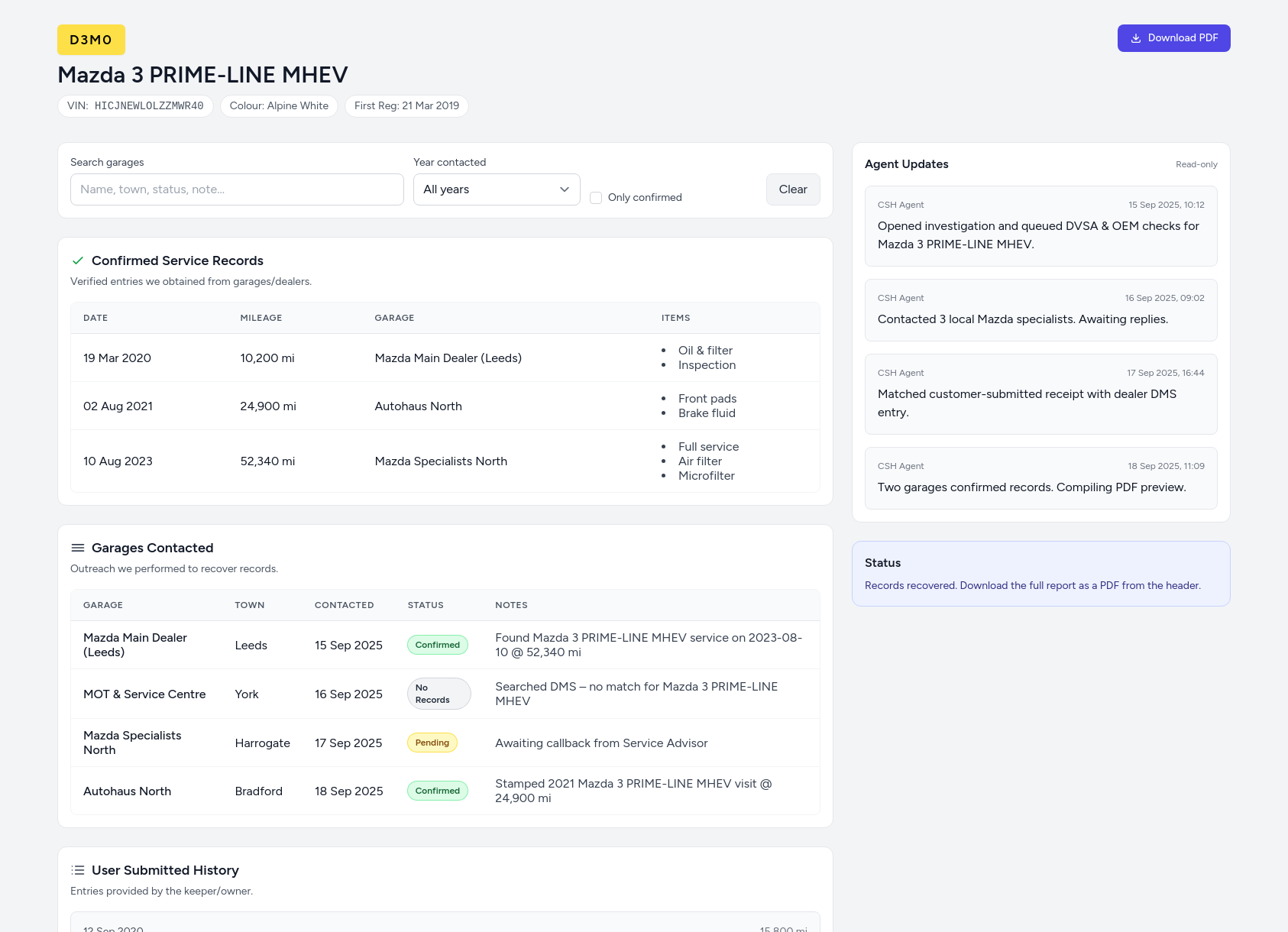 Demo Mazda service history report from CarServiceHistory.co.uk showing verified service entries, MOT mileage timeline, and garage outreach log