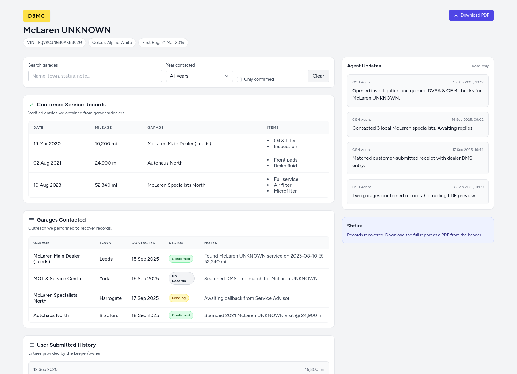 Demo McLaren service history report from CarServiceHistory.co.uk showing verified service entries, MOT mileage timeline, and garage outreach log