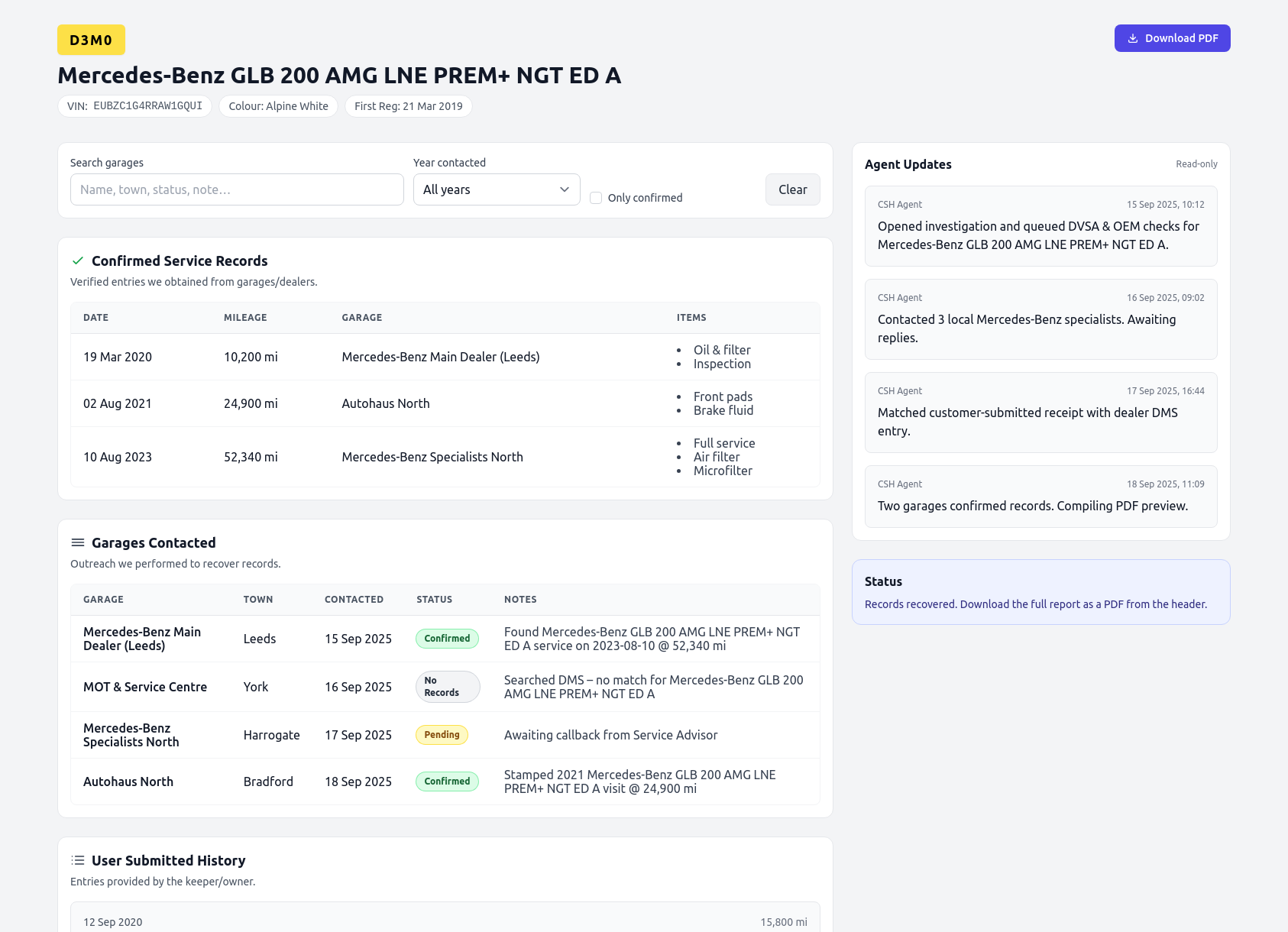 Demo Mercedes-Benz service history report from CarServiceHistory.co.uk showing verified service entries, MOT mileage timeline, and garage outreach log