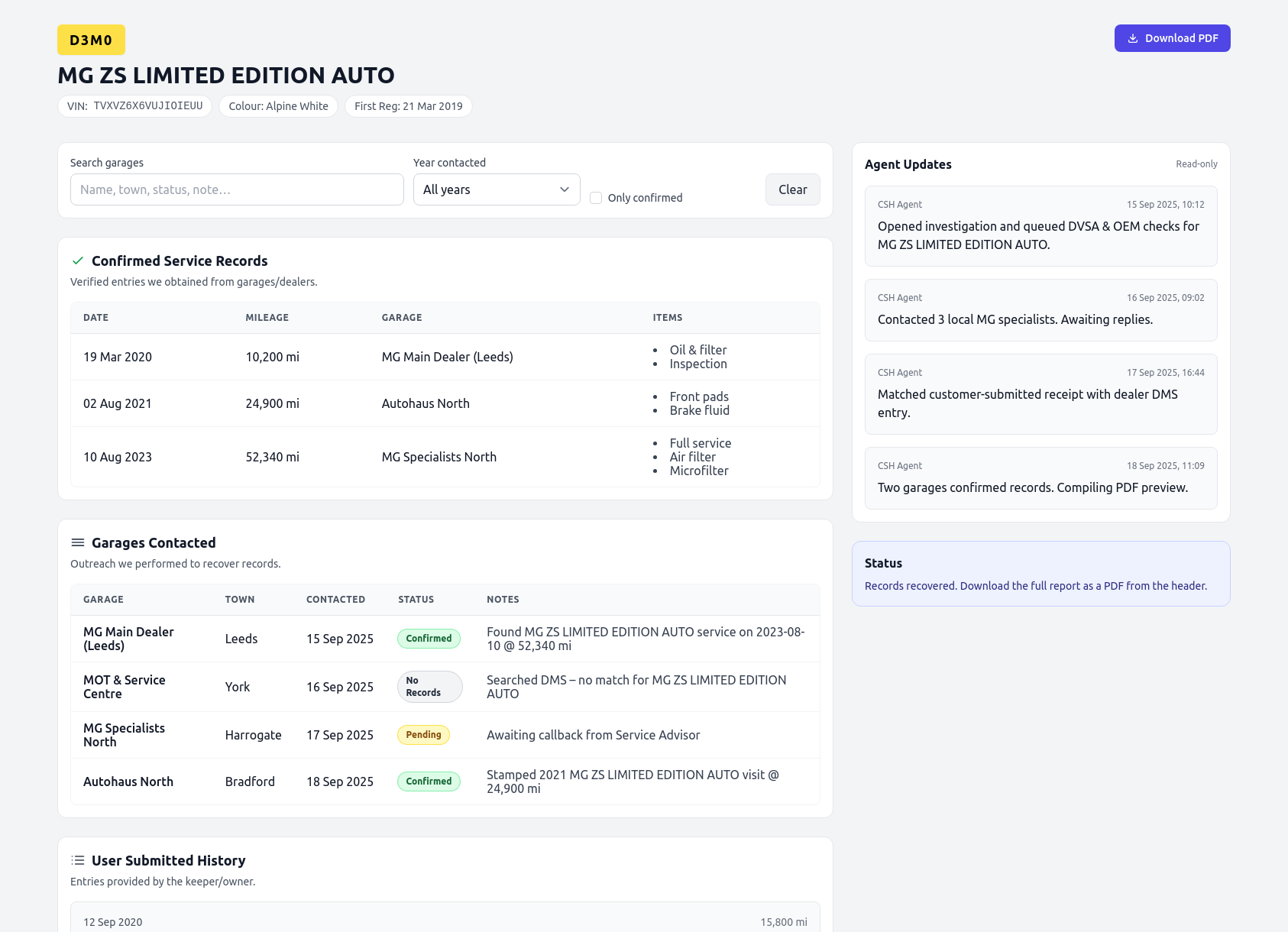 Demo MG service history report from CarServiceHistory.co.uk showing verified service entries, MOT mileage timeline, and garage outreach log